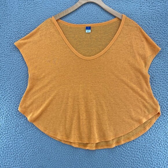 Old Navy Top Womens Med Orange Linen Blend Knit Voop Neck Short Sleeve Cropped - Picture 1 of 9